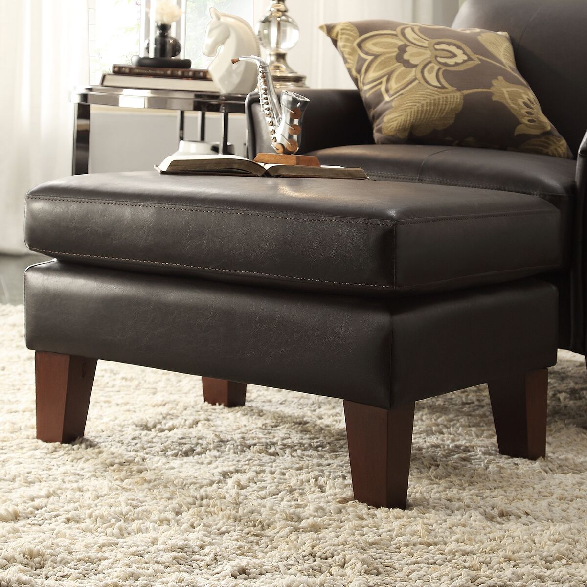 Modern Accent Chair with Ottoman - Dark Brown Faux Leather