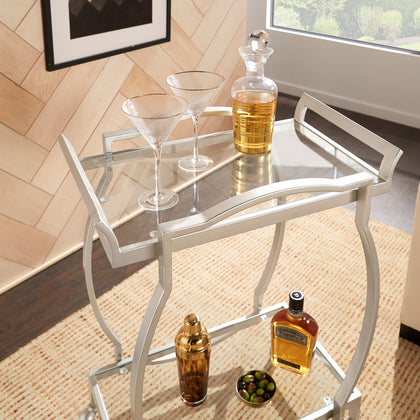 Metal Bar Cart with Clear Tempered Glass - Champagne Silver Finish