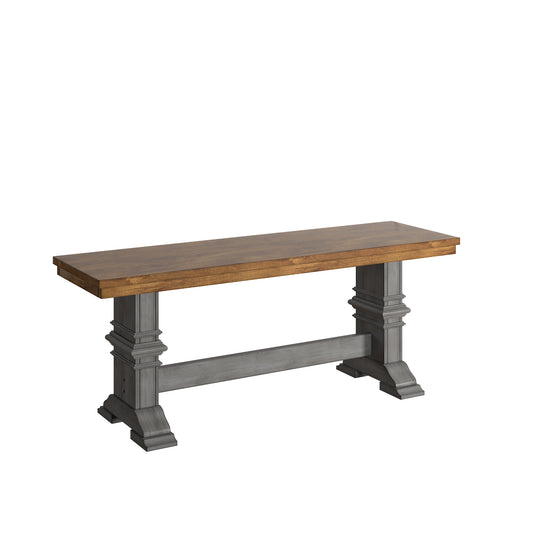 Two-Tone Trestle Leg Wood Dining Bench - Oak Top with Antique Grey Base