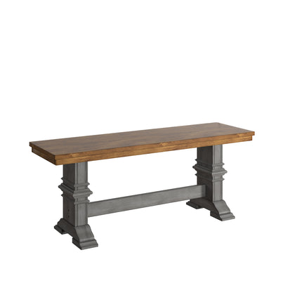 Two-Tone Trestle Leg Wood Dining Bench - Oak Top with Antique Grey Base