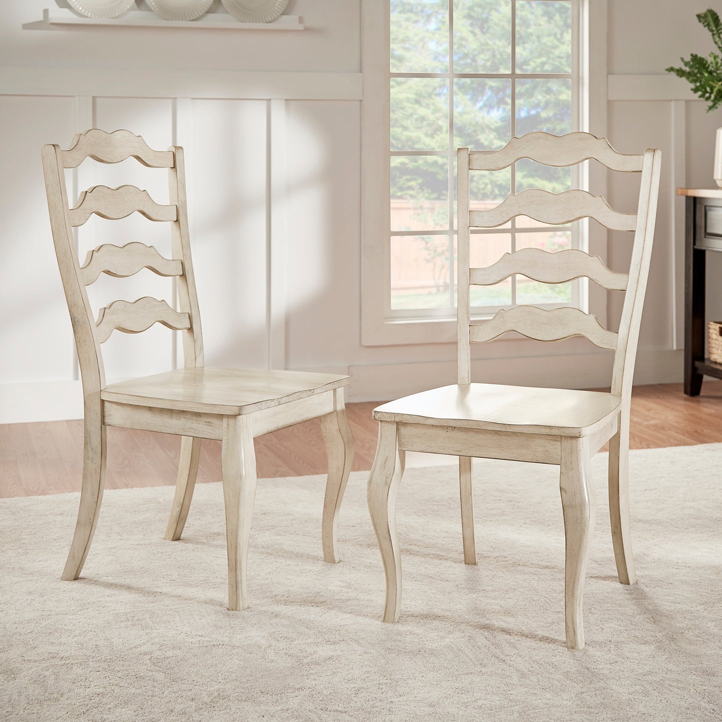 French Ladder Back Wood Dining Chairs (Set of 2) - Antique White