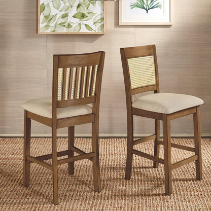 Cane Accent Counter Height - Slat Back Chair (Set of 2), Oak Finish, Beige Linen