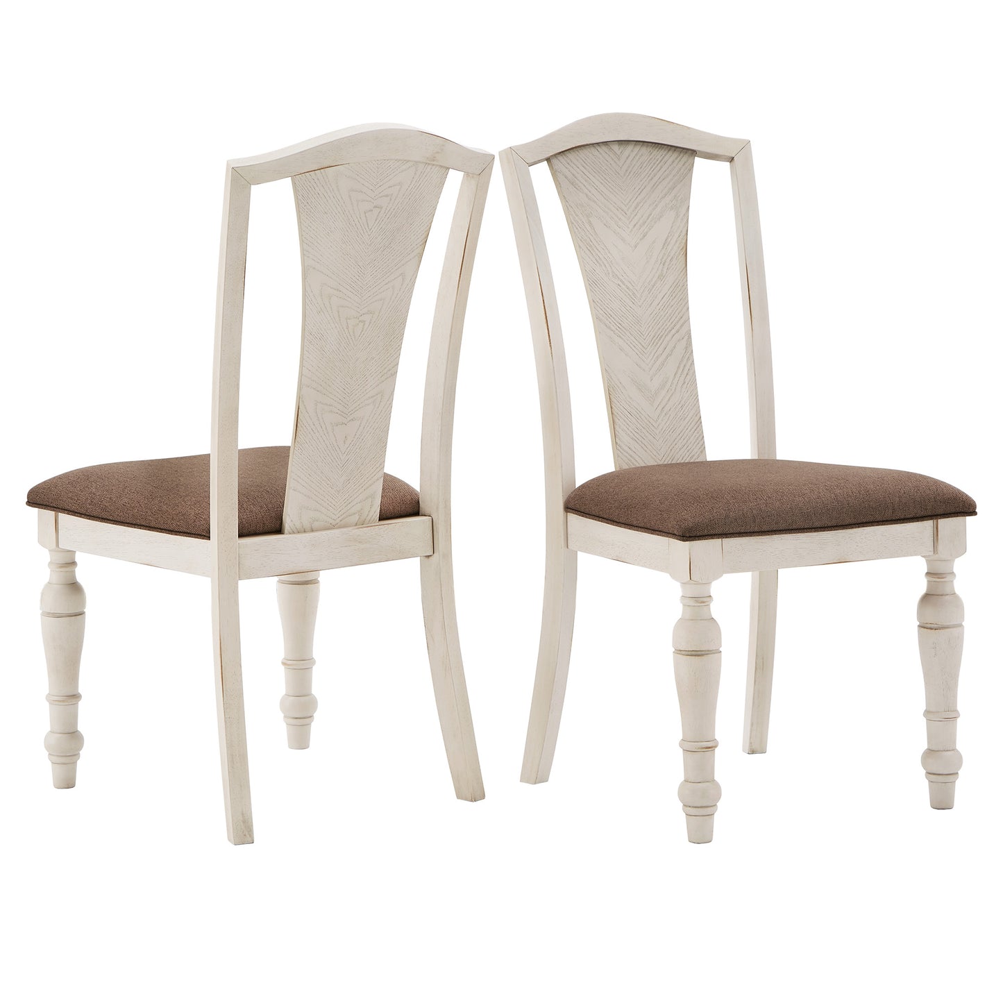 Slat Back Solid Rubberwood Dining Chairs (Set of 2) - Dark Brown Fabric, Antique White Finish