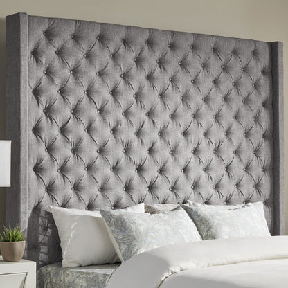Wingback Button Tufted Linen Fabric Headboard - Grey, 84-inch Height, King Size