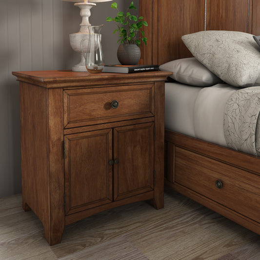 1-Drawer Wood Cupboard Nightstand with Charging Station - Oak