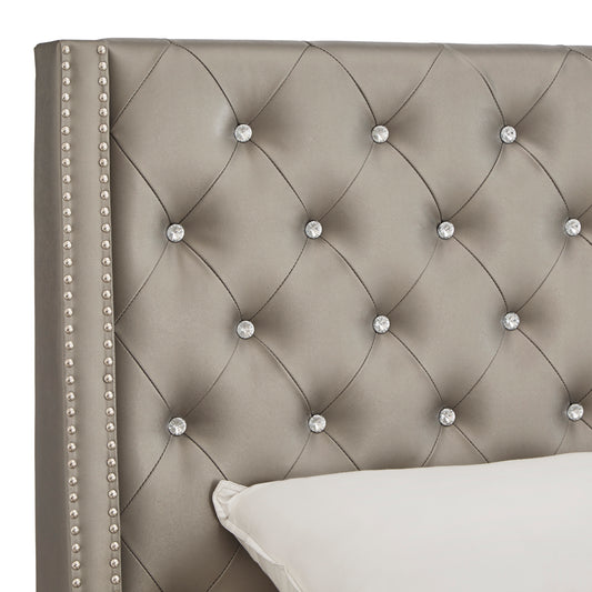 Faux Leather Crystal Tufted Headboard - Silver Grey, Queen