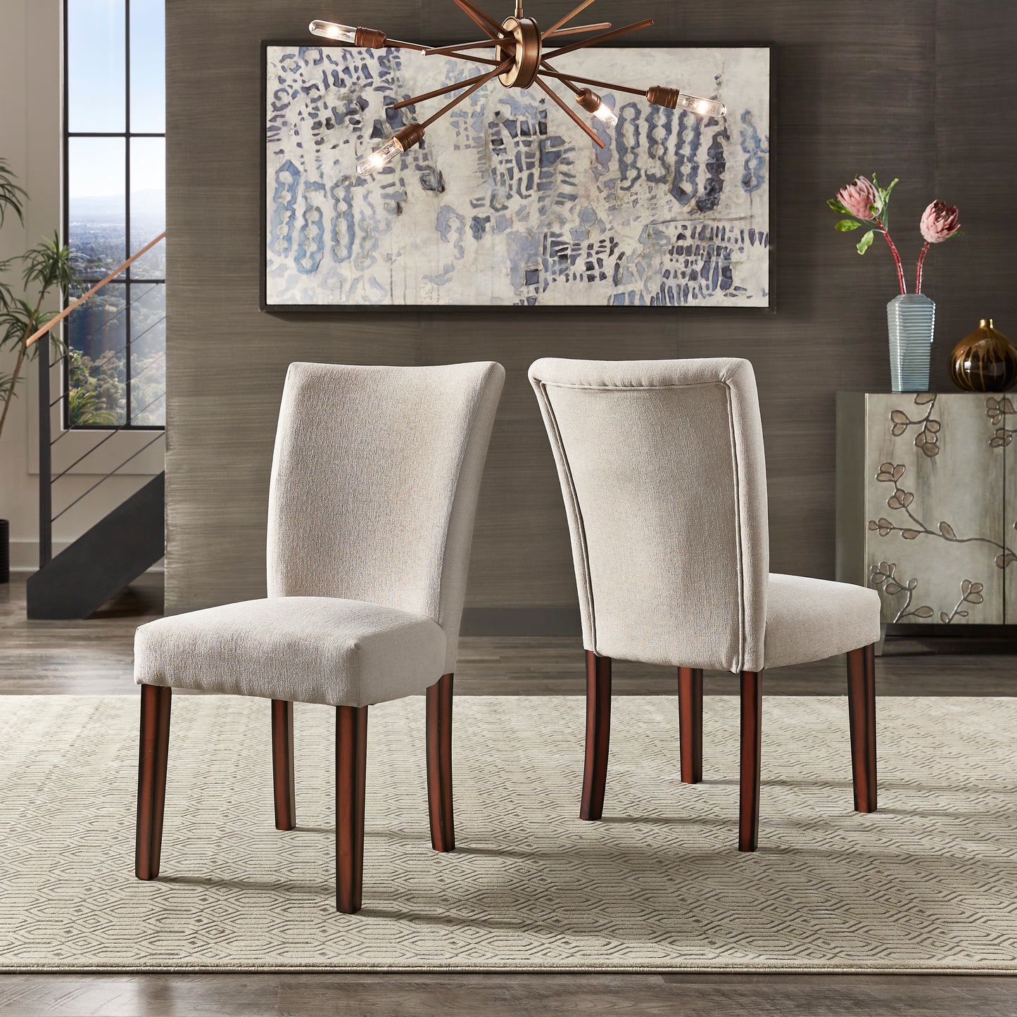 Upholstered Parson Dining Chairs (Set of 2) - Espresso Finish, Beige Heathered Weave