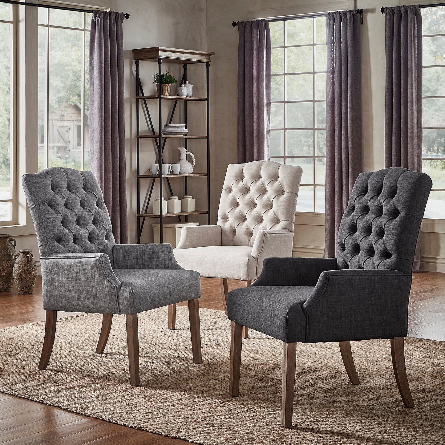 Light Distressed Natural Finish Linen Tufted Dining Chair - Dark Grey Linen