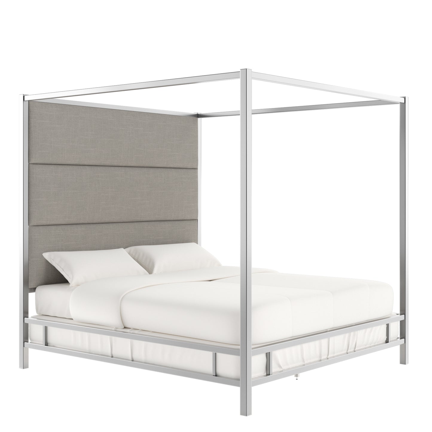 Metal Canopy Bed with Linen Panel Headboard - Grey Linen, Chrome Finish, King Size