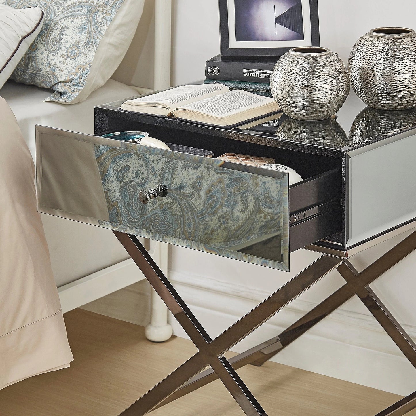 X-Base Mirrored Accent Campaign Table - Black Nickel