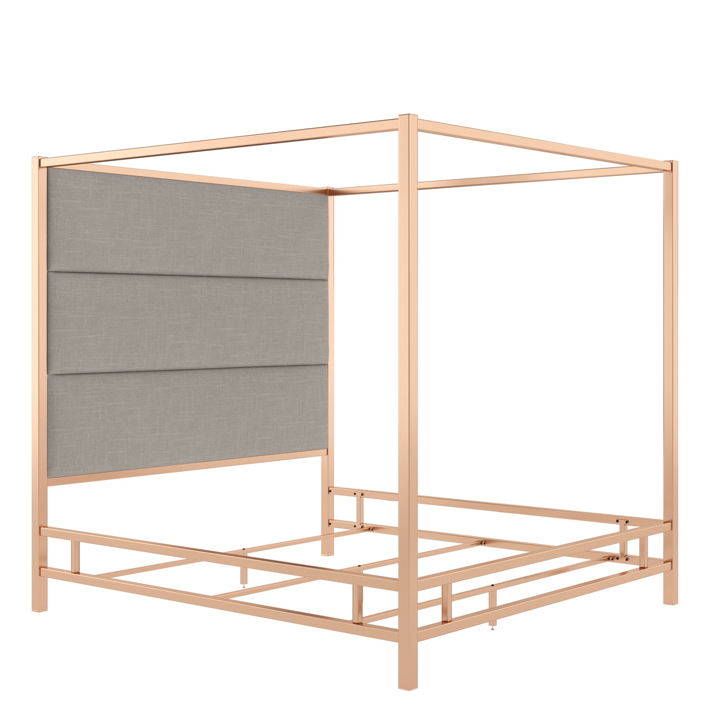 Metal Canopy Bed with Linen Panel Headboard - Grey Linen, Champagne Gold Finish, King Size