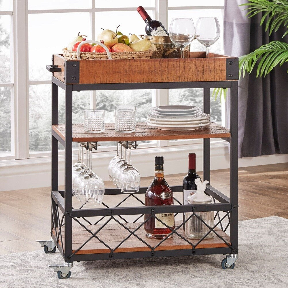 Rustic Serving Cart with Wine Inserts and Removable Tray Top - Oak Finish