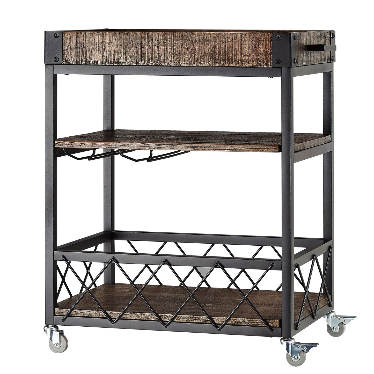 Rustic Serving Cart with Wine Inserts and Removable Tray Top - Brown Finish
