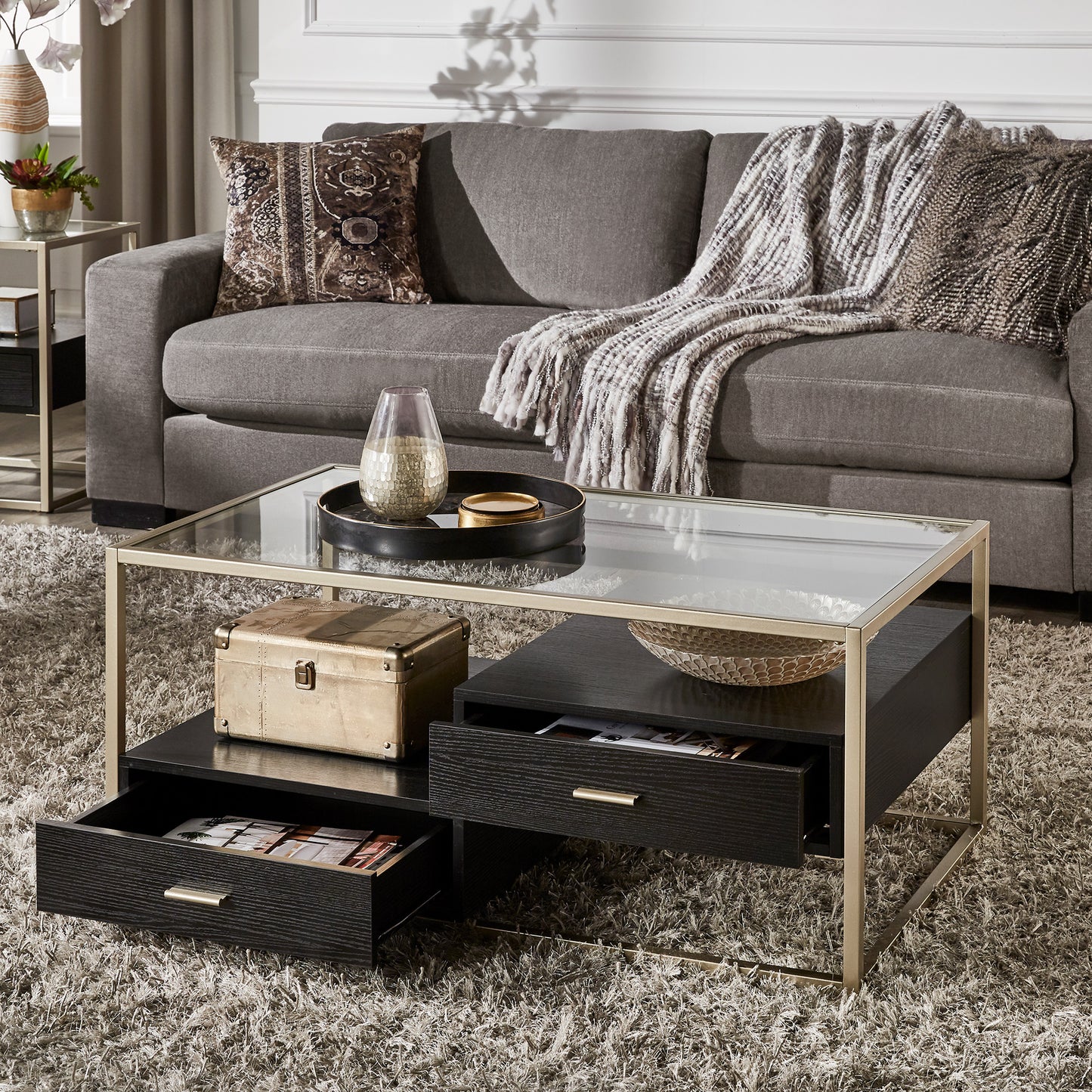 Champagne Silver Finish Table with Storage - Coffee Table