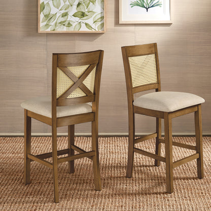 Cane Accent Counter Height - X-Back Chair (Set of 2), Oak Finish, Beige Linen