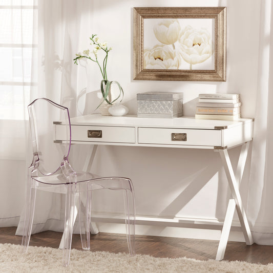 X-Base Wood Accent Campaign Writing Desk - White