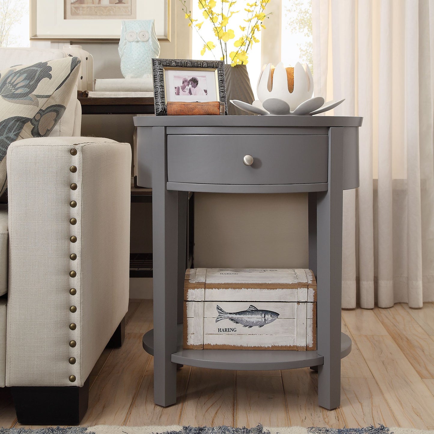 1-Drawer Oval End Table - Frost Grey