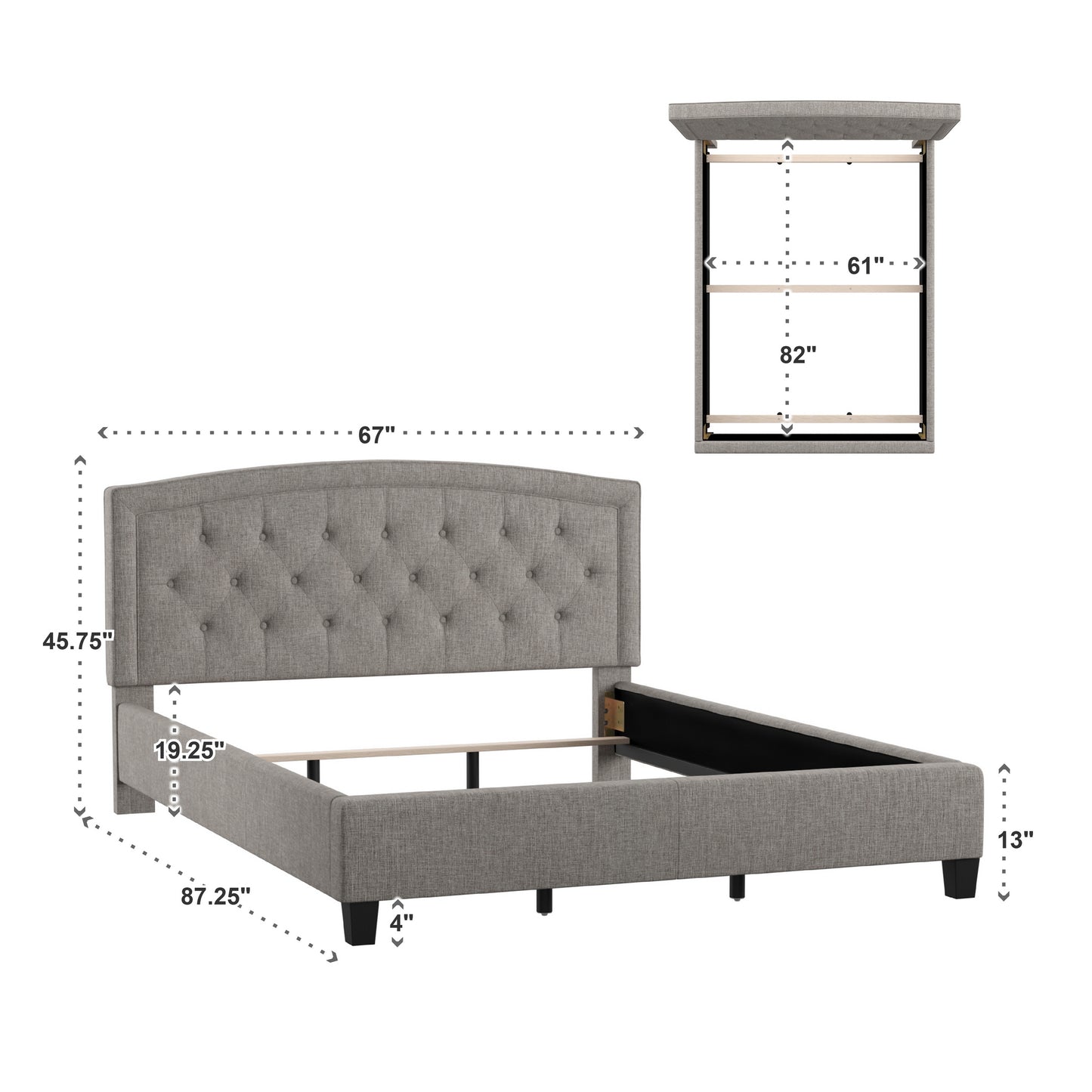 Adjustable Diamond-Tufted Arch-Back Bed - Grey, Queen