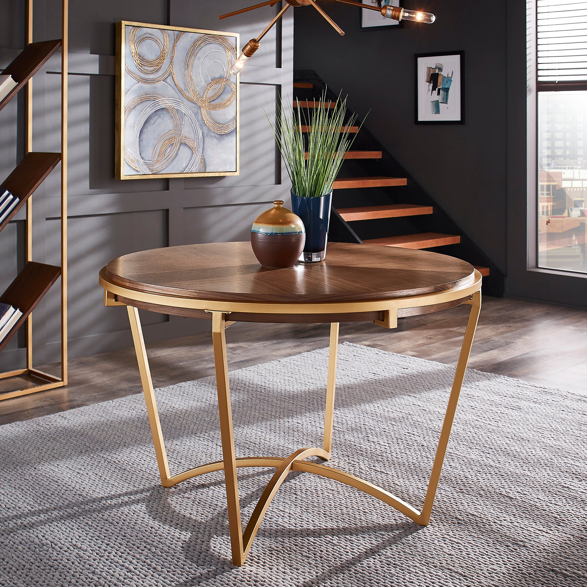 Natural Finish Dining Table With Gold Metal Base by iNSPIRE Q Modern iNSPIRE Q Home