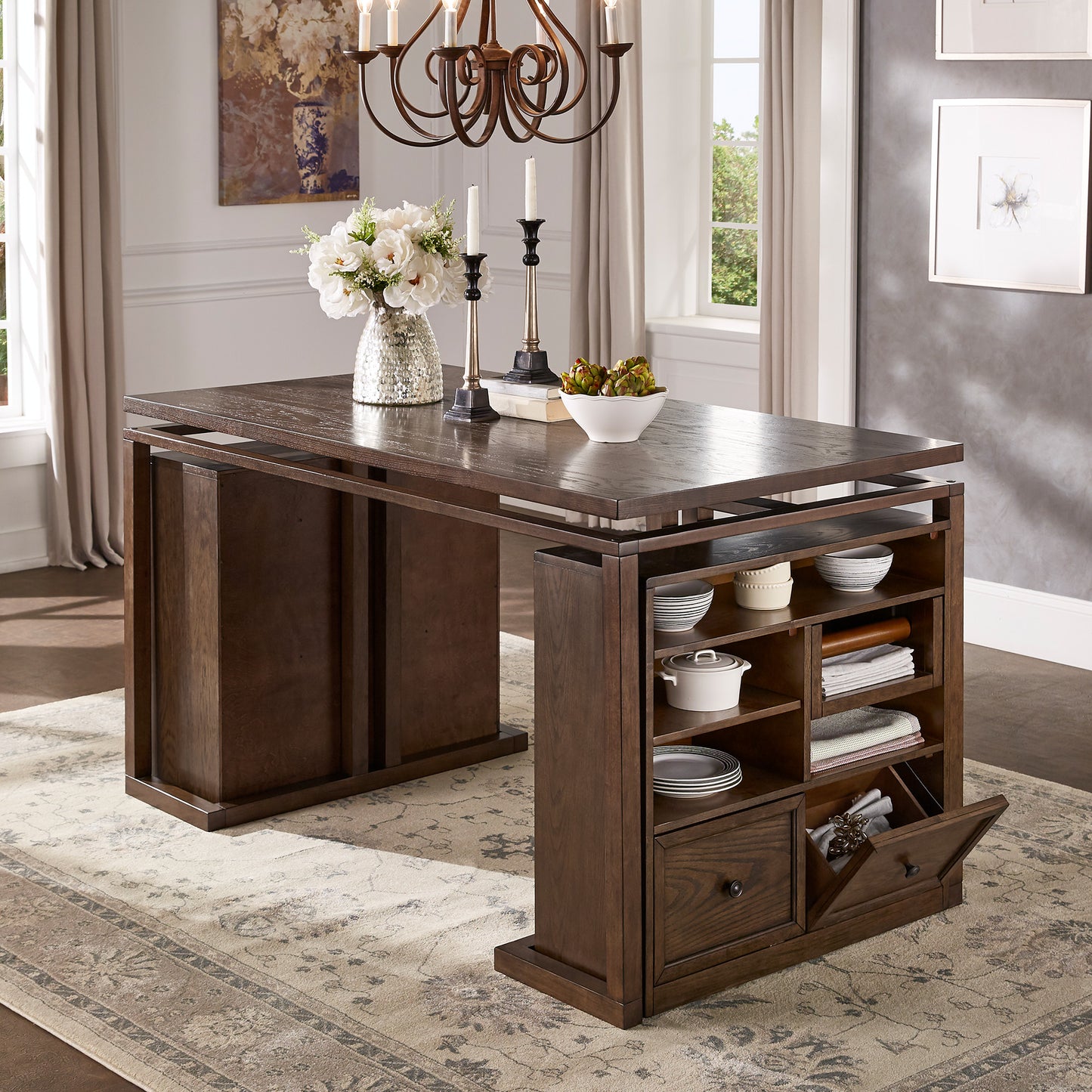 Rectangular Counter Height Dining Table - With Wine and Storage Cabinets