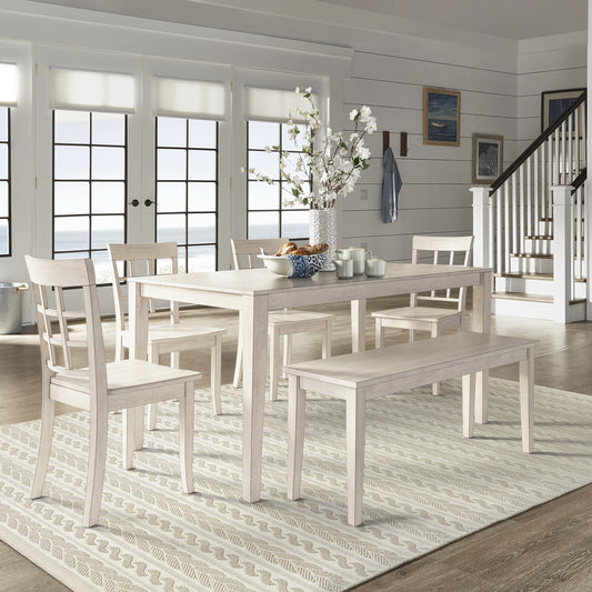 60-inch Rectangular Antique White Finish Dining Set - Window Back Chairs, 6-Piece Set