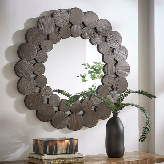 Dark Brown Reclaimed Wood Round Wall Mirror - Large