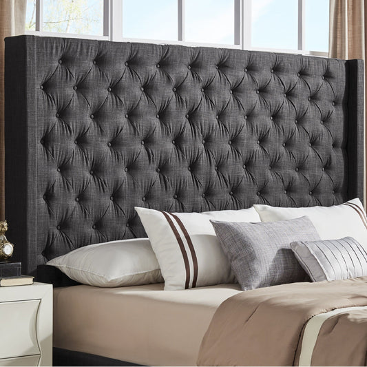 Wingback Button Tufted Linen Fabric Headboard - Dark Grey, 65-inch Height, King Size