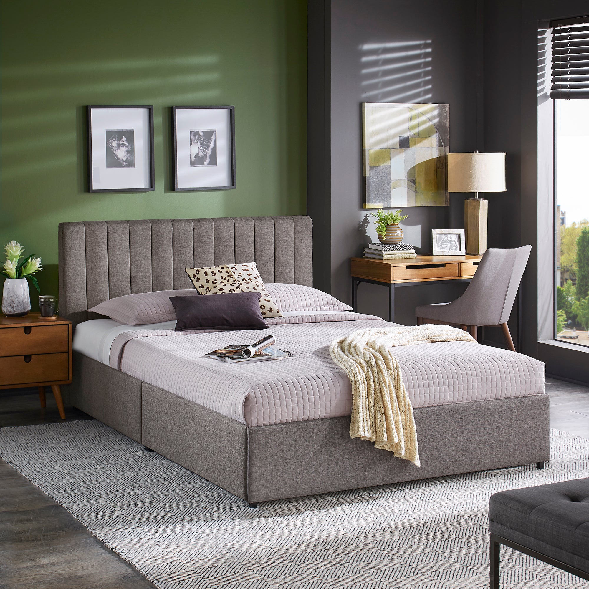 Grey Linen Upholstered Storage Platform Bed with Channel Headboard