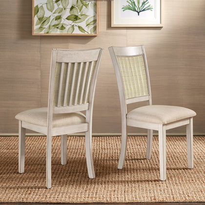 Cane Accent Dining - Slat Back Chair (Set of 2), Antique White Finish, Beige Linen