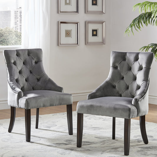 Velvet Button Tufted Wingback Dining Chairs (Set of 2) - Grey Velvet