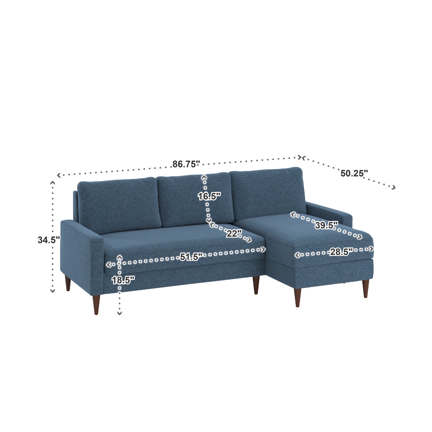 Walnut Finish Fabric Sectional Sofa with Pull-Out Bed and Storage Chaise - Blue