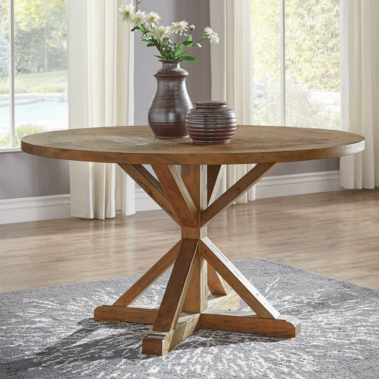 Rustic X-Base Round Pine Wood Dining Table - Pine Finish, 54-inch