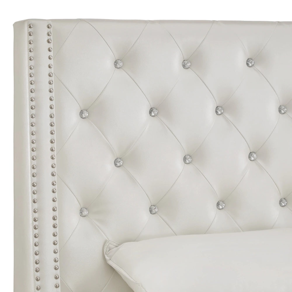 Faux Leather Crystal Tufted Headboard - Ivory White, King