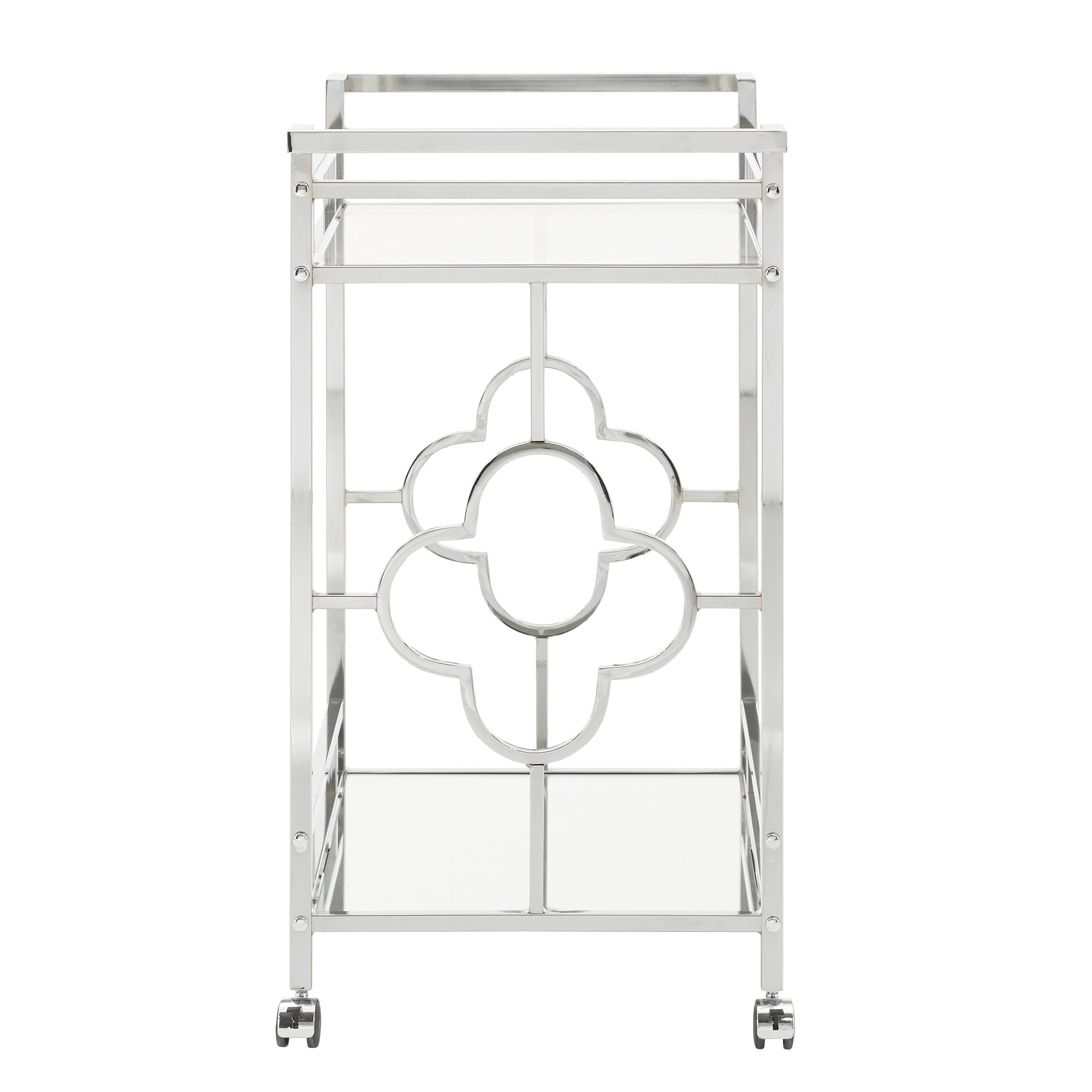 Chrome Finish Floral Bar Cart with Mirror Bottom and Glass Top