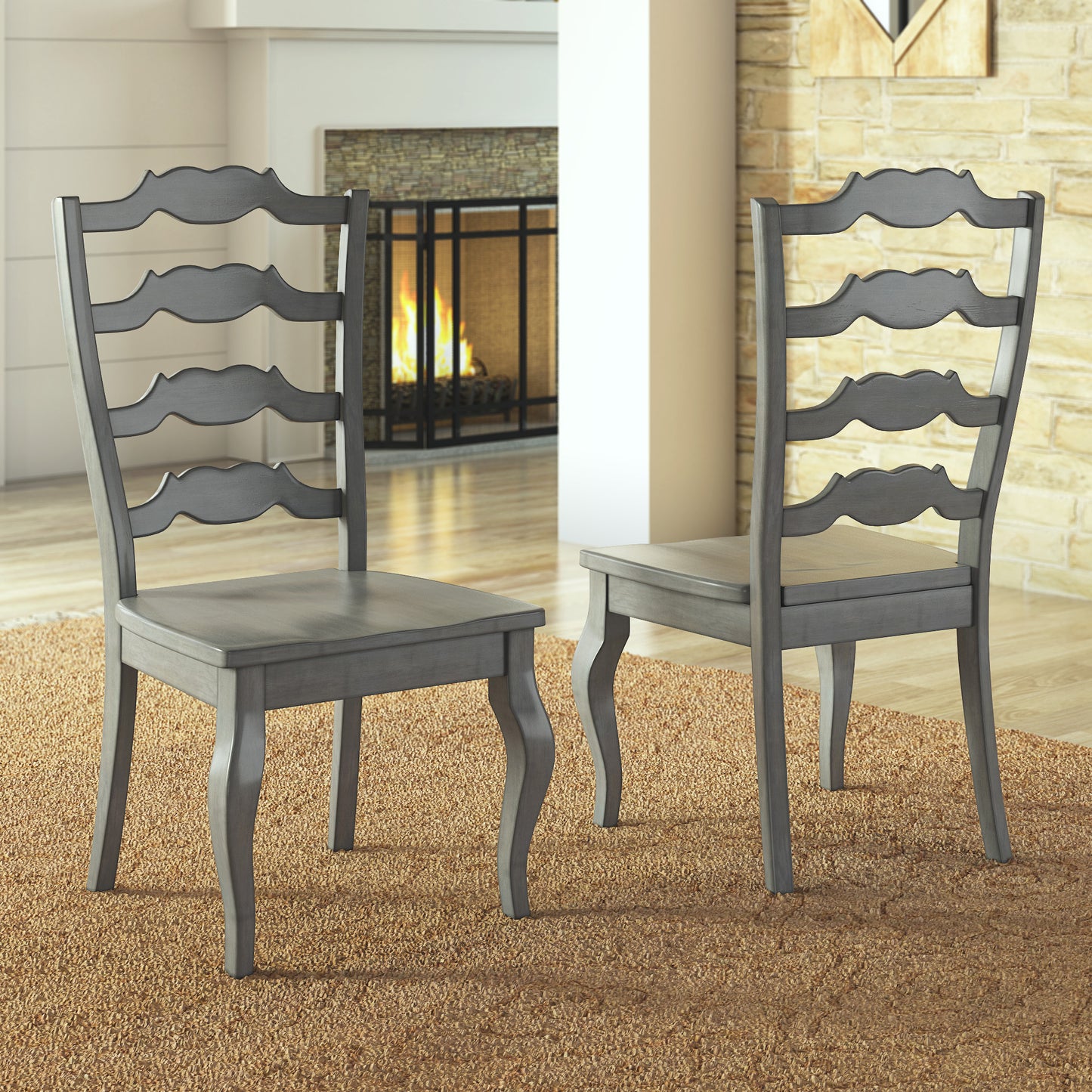 French Ladder Back Wood Dining Chairs (Set of 2) - Antique Grey