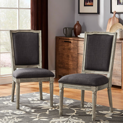 Ornate Linen and Wood Dining Chairs (Set of 2) - Dark Grey Linen, Antique Grey Oak Finish