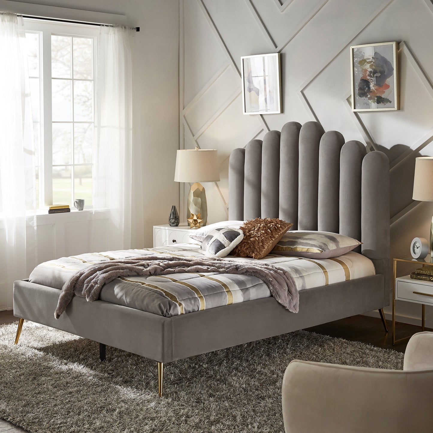 Art Deco Velvet Upholstered Platform Bed - Grey, Full