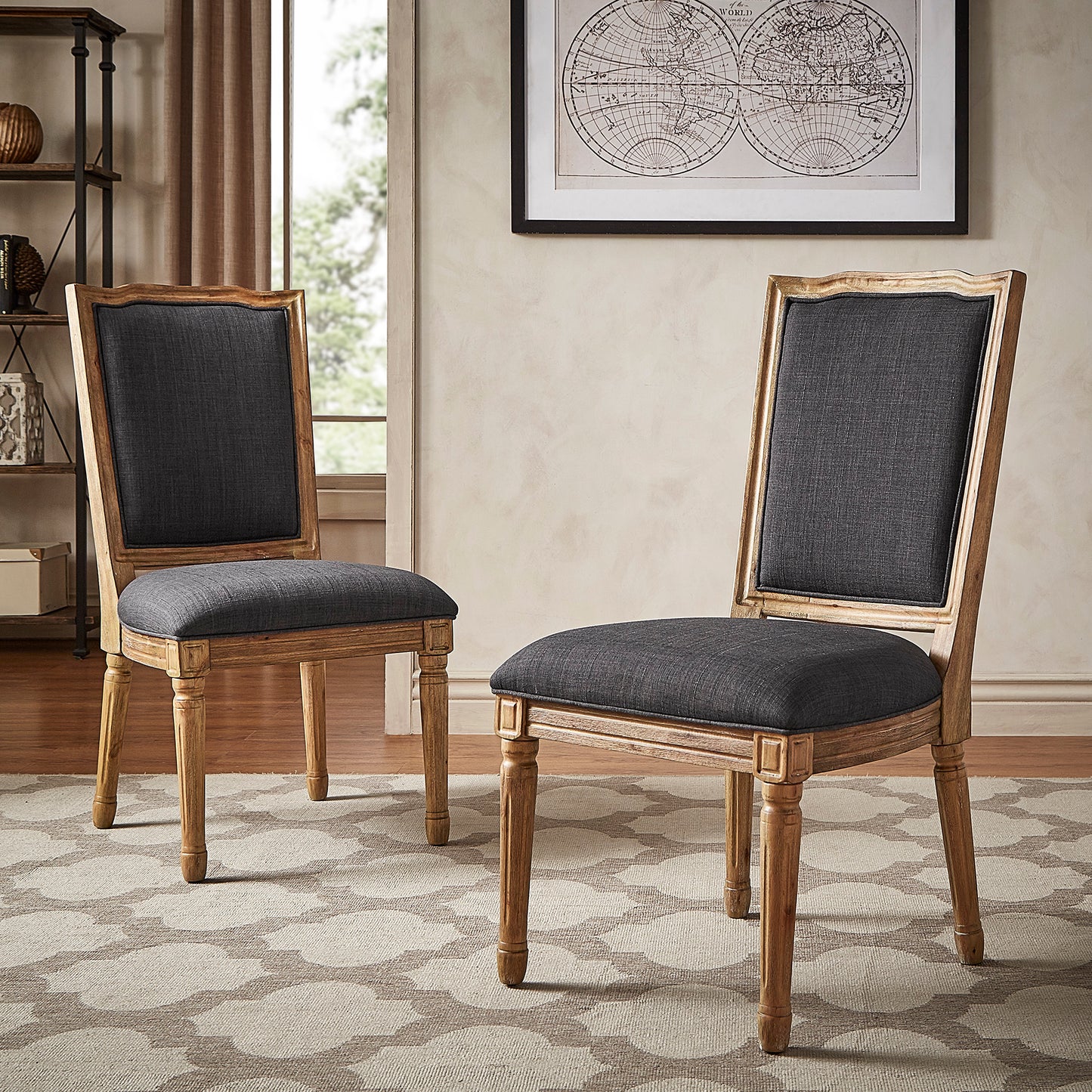 Ornate Linen and Wood Dining Chairs (Set of 2) - Dark Grey Linen, Natural Finish